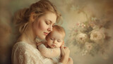 Madre abrazando su bebé, con fondo floral, estilo clásico con tonos sepia. 