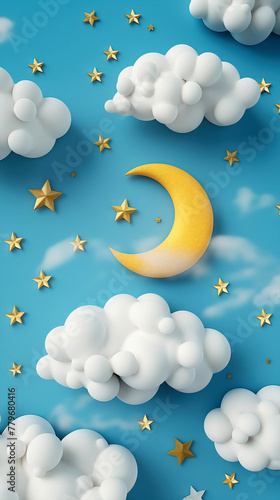 Good night and sweet dreams. Moon, stars and clouds on vertical blue background