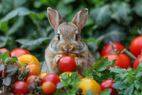 Rabbit eating tomatoes in garden © yuliachupina