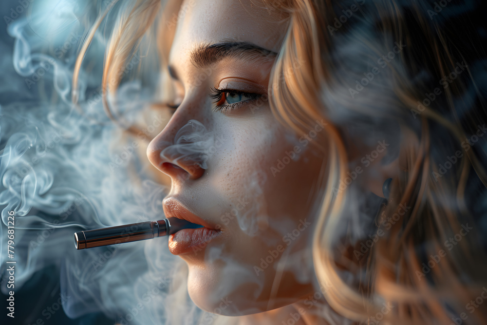 Obraz premium Close up portrait of Young woman smoking cigarette