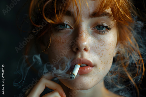 Close up portrait of Young  woman smoking cigarette