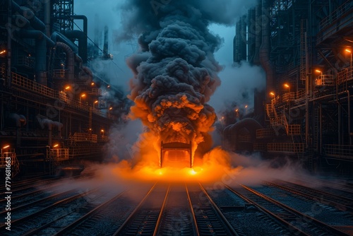 A dramatic and intense eruption from a blast furnace at night creates an awe-inspiring industrial scene tinged with disaster and power © Larisa AI
