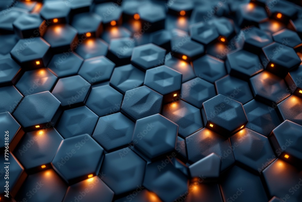 A modern hexagonal pattern illuminated with ambient orange lighting enhancing the 3D design A modern hexagonal pattern illuminated with ambient orange lighting enhancing the 3D design