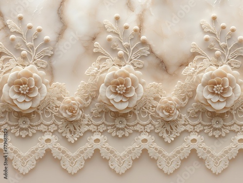 A close up of a lace border with flowers on it. The image has a romantic and elegant feel to it
