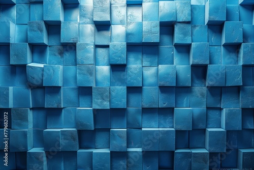 A visually captivating image showcasing a structured pattern of 3D cubes in various shades of blue, giving a feeling of depth and texture