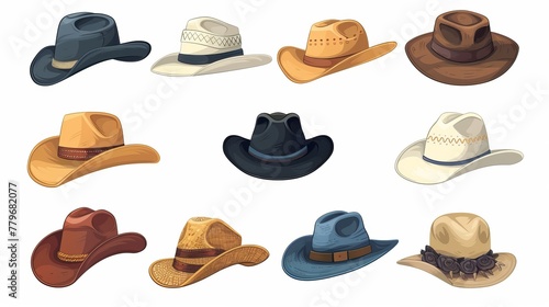 A cartoon hats collection features female and male headwear including derby, cowboy, straw hat, cap, panama, and cylinder, in a summer women vintage fashion hats vector set