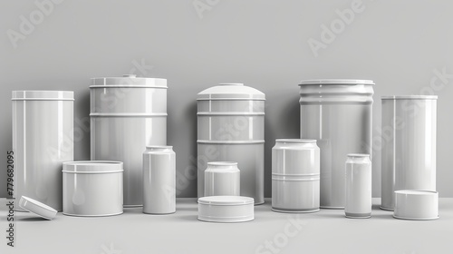 A collection of white tin cans and jars including coffee or tea canisters, preserves or pet food tins, cocktail, or soda cans, chips tubes, cookie jars, and round boxes for sugar or flour