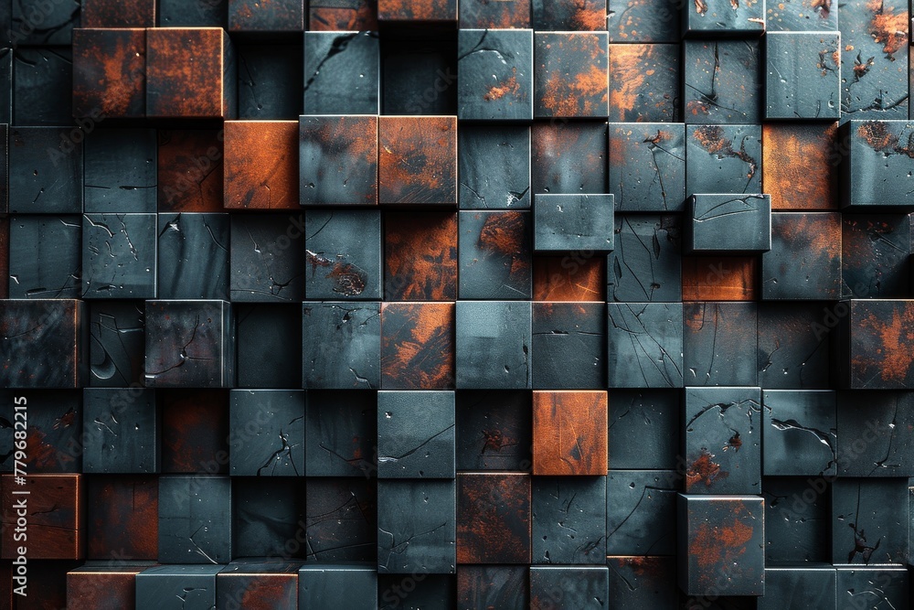 Stark image featuring a tactile surface of orange metallic blocks with visible rust and weathering for an industrial look Stark image featuring a tactile surface of orange metallic blocks with visible rust and weathering for an industrial look