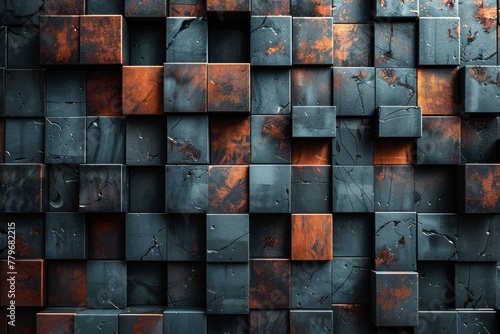 Stark image featuring a tactile surface of orange metallic blocks with visible rust and weathering for an industrial look