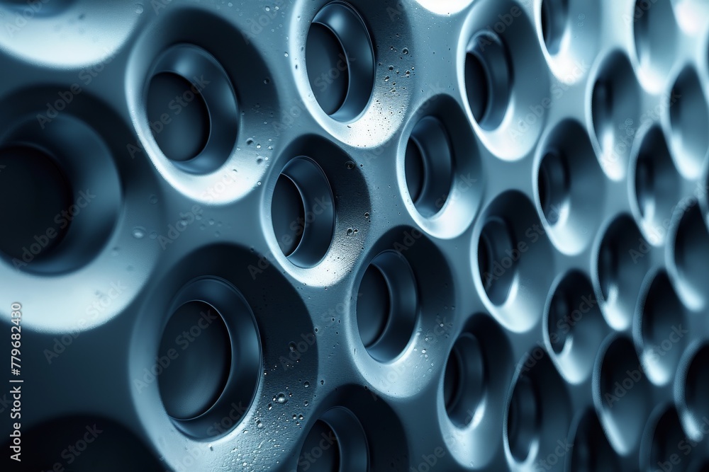 An artistic depiction of speakers with a cool blue hue and a water droplet effect on the surface An artistic depiction of speakers with a cool blue hue and a water droplet effect on the surface