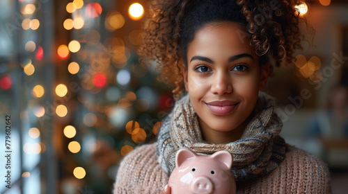 Portrait of a smiling young woman holding a pink piggy bank, with warm bokeh lights in the background, suggesting themes of savings, financial planning, and holiday shopping.