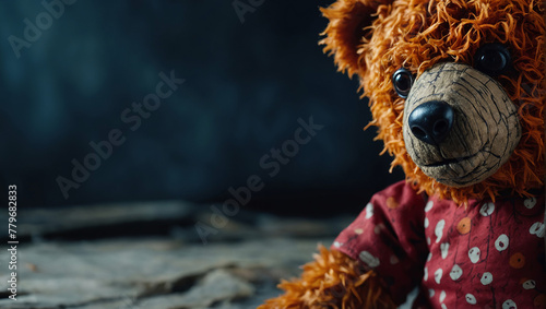 Sad teddy bear in the dark, childhood nightmares concept, mockup with place for text. © Olena Yefremkina