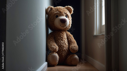Sad teddy bear in the dark, childhood nightmares concept. © Olena Yefremkina