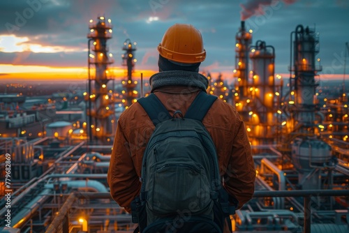 The image captures a worker gazing over a sprawling industrial plant at dusk, resonating with themes of industry and contemplation