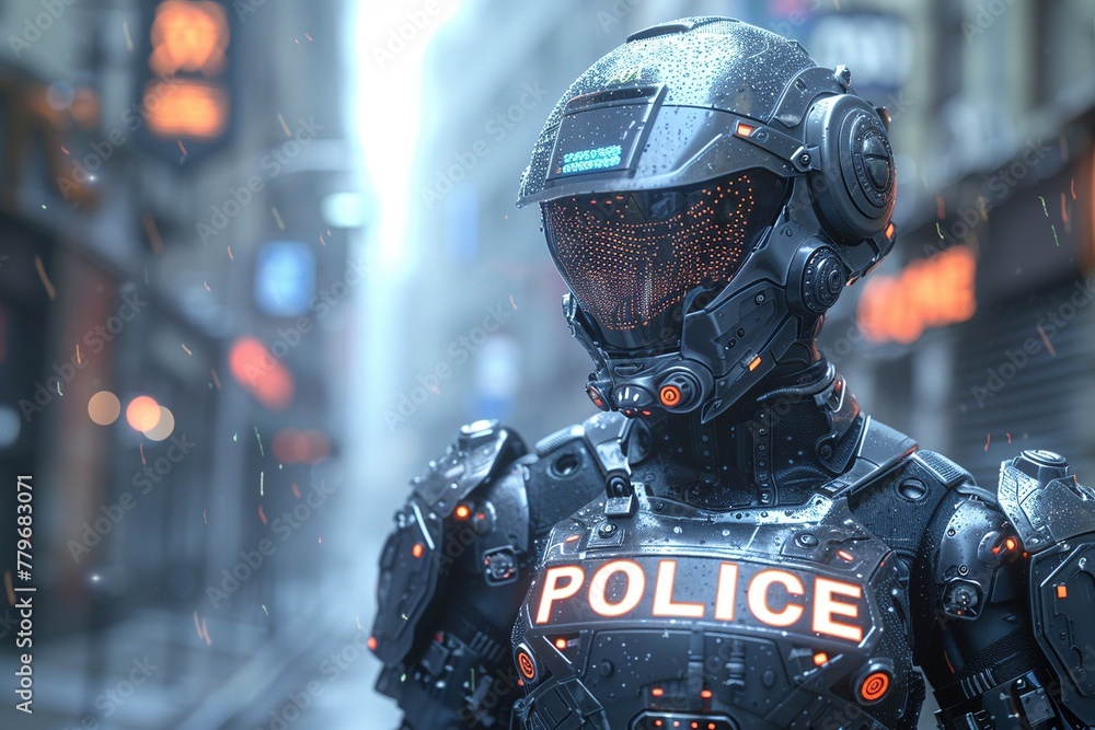 A futuristic police officer with a cybernetic arm and a prominently displayed A futuristic police officer with a cybernetic arm and a prominently displayed