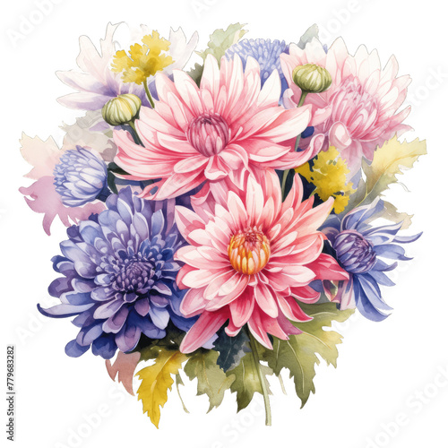 Vibrant Watercolor Chrysanthemum Bouquet in Shades of Pink, Yellow, and Lavender on Transparent Background