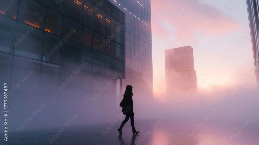 Silhouetted woman walking alone in a fog-shrouded cityscape at dusk. Silhouetted woman walking alone in a fog-shrouded cityscape at dusk.