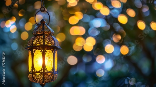 An ornate lantern glowing warmly against a bokeh light background in an evening outdoor setting.