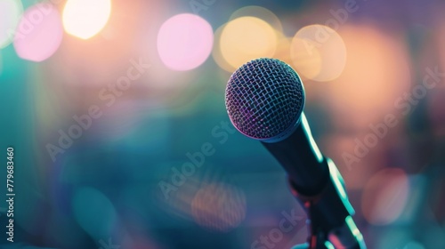 Close-up of a microphone against a colorful bokeh background, concept of live music and performance.