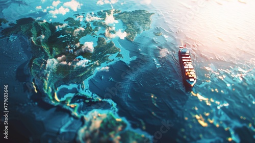 Miniature cargo ship on a vividly illustrated world map, depicting global trade routes. photo