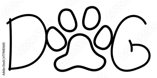 Text DOG with a dog's paw hand drawn vector illustration isolated on white background.
