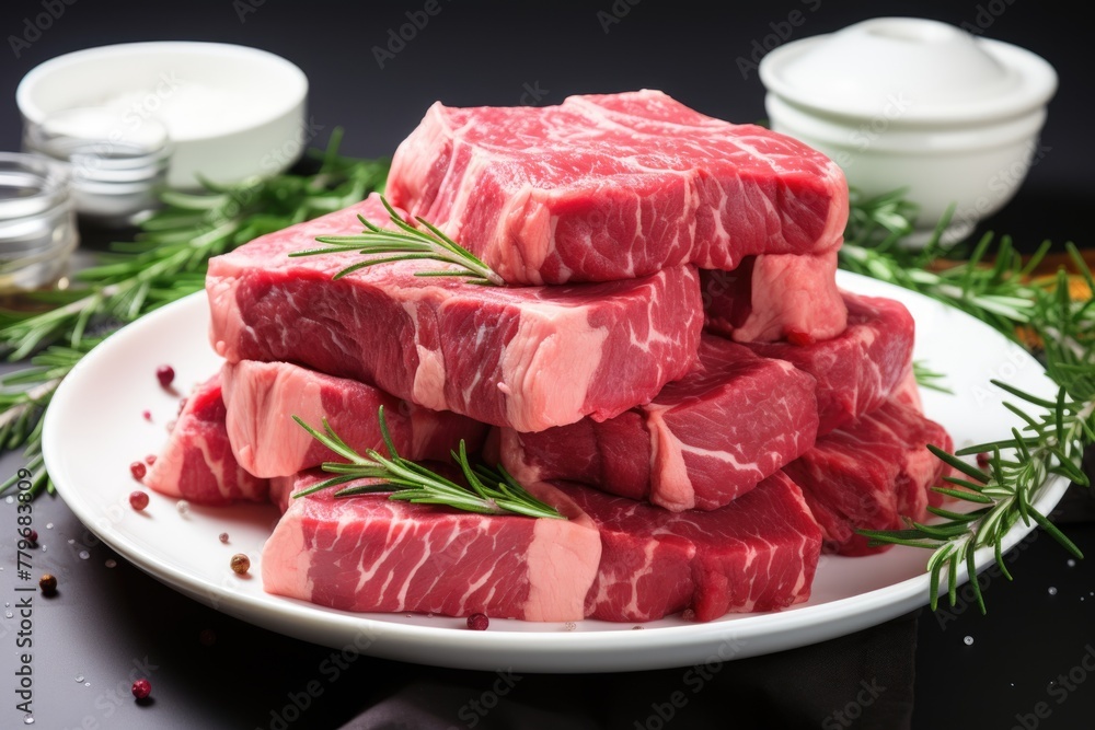 Raw beef on plate with Coriander leaves