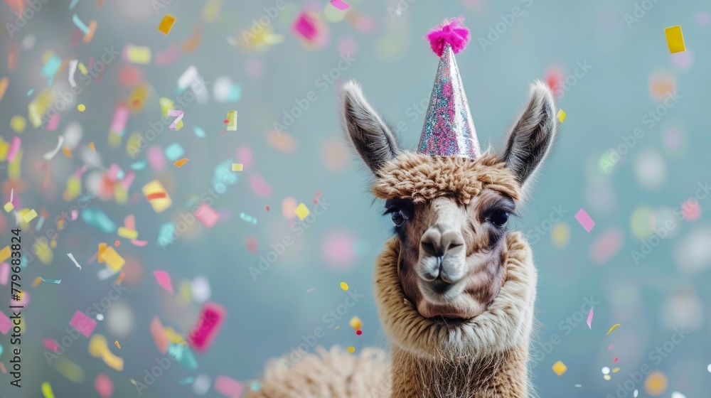 Obraz premium A charming llama in a party hat smiles amid a shower of multicolored confetti, depicting celebration.