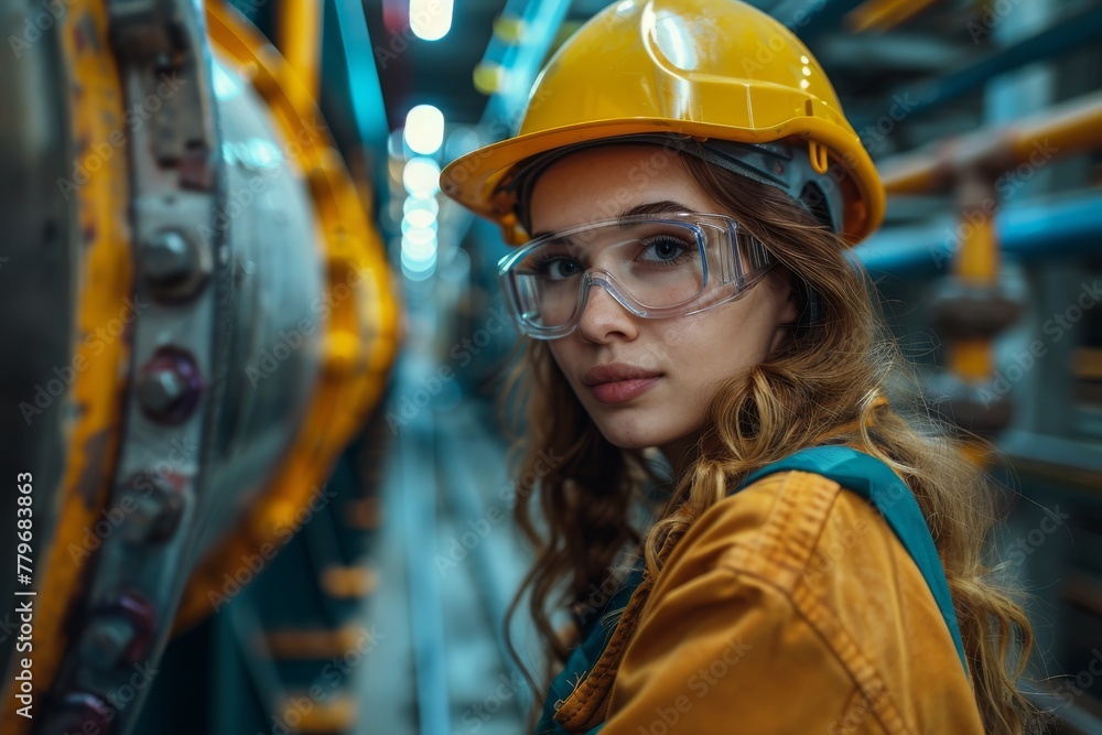 A pensive young woman with safety glasses and yellow hardhat standing inside a factory setting and looking away A pensive young woman with safety glasses and yellow hardhat standing inside a factory setting and looking away