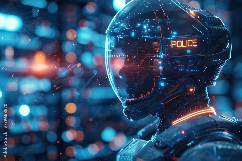 futuristic police officer with a badge on their uniform that reads futuristic police officer with a badge on their uniform that reads