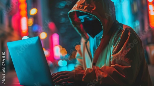 A hooded figure typing on a laptop in a neon-lit urban setting, cybercrime concept.
