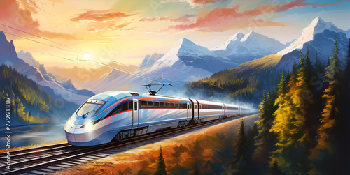 High-speed trains run through fields, mountains, and rivers. photo
