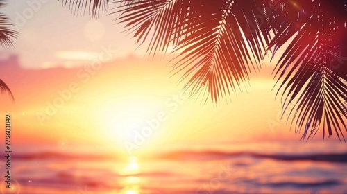 A breathtaking sunset over the ocean, silhouetting palm trees, symbolizing peace and the beauty of nature. © tashechka