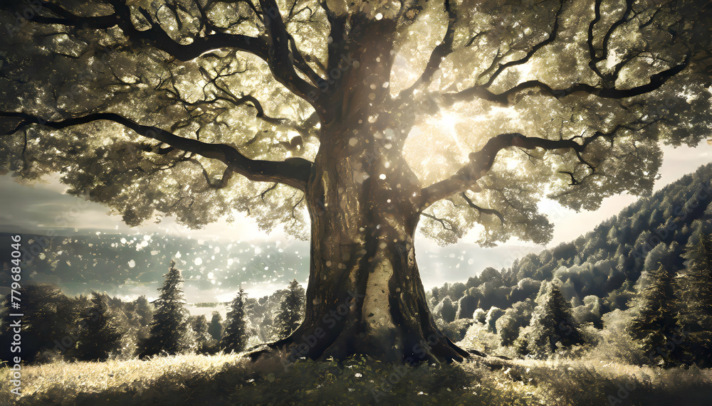 Cropped shot of hugging a big tree in the outdoor forest, Ecology and nature on digital art concept, Generative AI. Cropped shot of hugging a big tree in the outdoor forest, Ecology and nature on digital art concept, Generative AI.