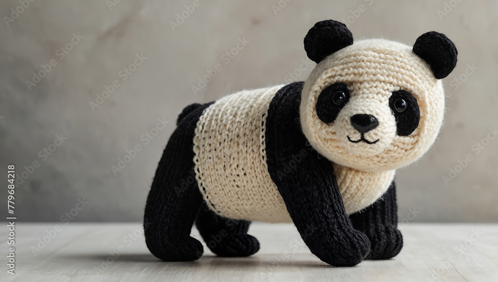 Crochet panda bear toy, postcard. - obrazy, fototapety, plakaty 
