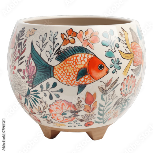 Artisanal Ceramic Fish Bowls with Bohemian Hand-Painted Designs on Transparent Background