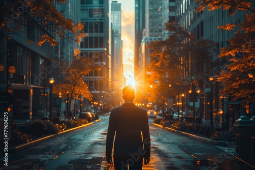 A man stands contemplating as the sun sets at the end of an urban street, flanked by high buildings and trees photo