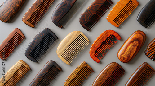 Assorted hair combs of various shapes and colors neatly arranged on a light gray background, showcasing diversity in hair care tools. © amixstudio