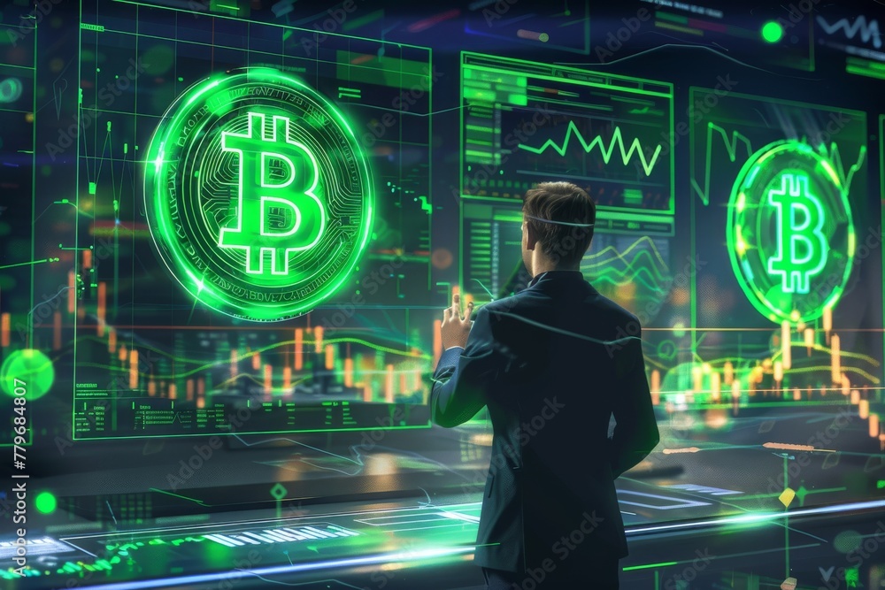Financial Analyst Analyzing Bitcoin Market Trends with Green Glittering Arrows on Multiple Screens, Reflecting Chaos and Technology in Finance. Financial Analyst Analyzing Bitcoin Market Trends with Green Glittering Arrows on Multiple Screens, Reflecting Chaos and Technology in Finance.