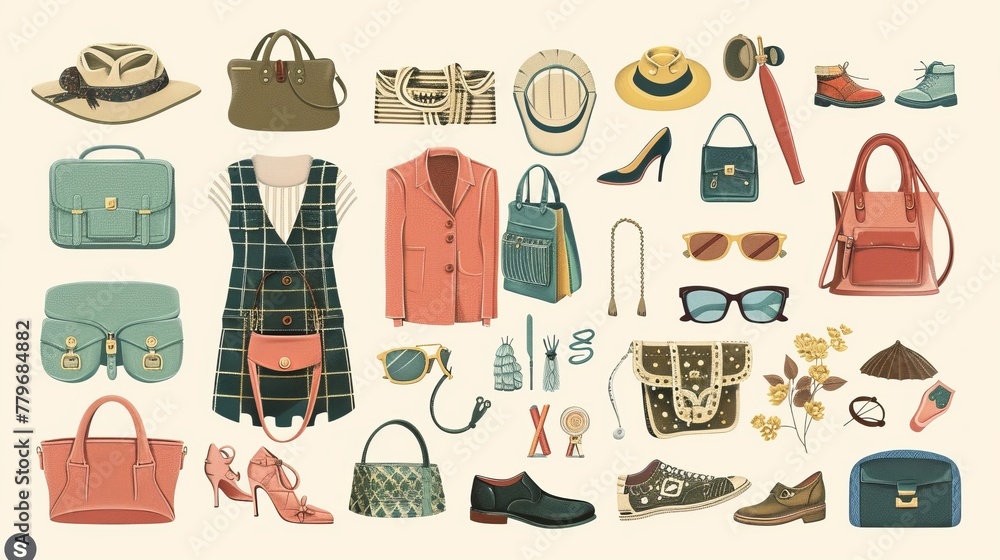 A vintage fashion elements collection is presented in vector illustration, showcasing a range of stylish accessories
