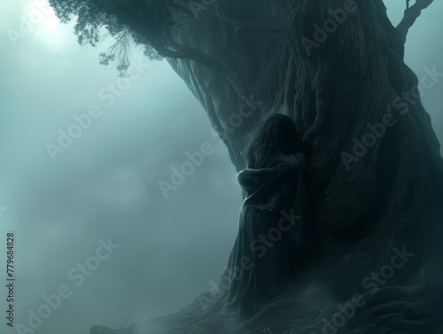 A woman is hugging a tree trunk in a dark forest. Scene is mysterious and eerie