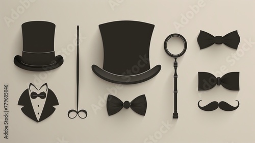 A vintage silhouette of a top hat, mustaches, monocle, and bow tie is offered in vector illustration, with shadows and backgrounds on separate layers for easy editing