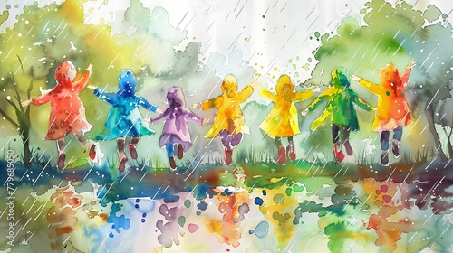 Vibrant watercolor illustration of joyful children dancing in the rain  reflecting childhood innocence and happiness. 