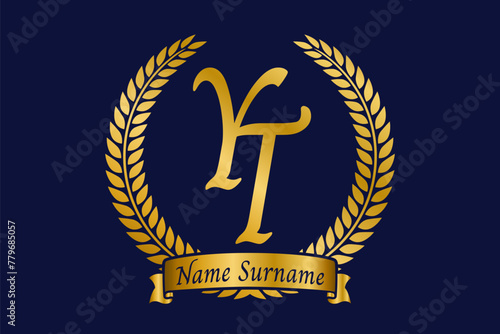 Initial letter Y and T, YT monogram logo design with laurel wreath. Luxury golden calligraphy font.