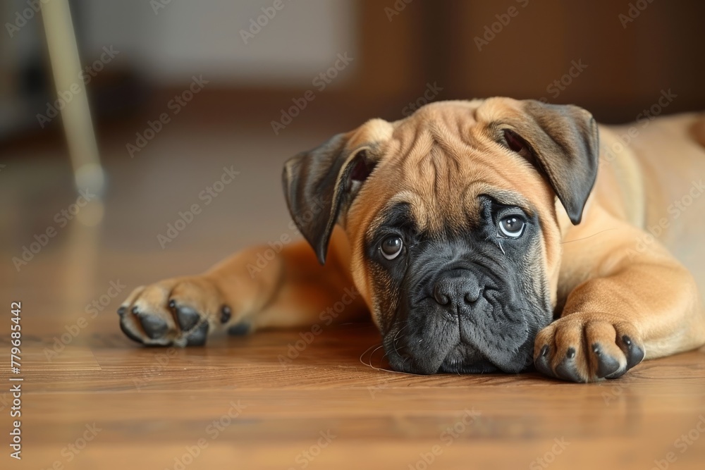 Young bullmastiff puppy frolicked indoors