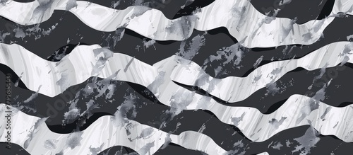 A monochrome pattern resembling waves on a black background, inspired by a geological phenomenon. It mimics the look of snowcapped mountains in a black and white landscape