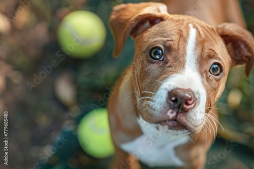 Young female pitbull eagerly waiting to play fetch with a tennis ball photo
