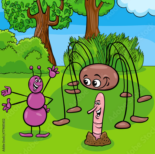 cartoon ant and opilion with earthworm insect characters