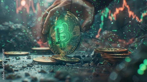 Hand Holding Bitcoin with Glowing Lights and Debris, Symbolizing Cryptocurrency Trading and Volatility.