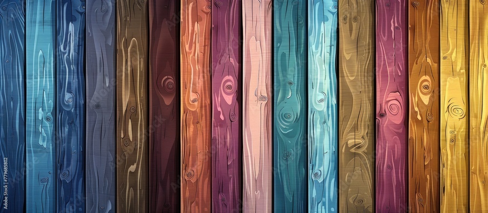 A variety of differently colored wooden boards, including shades of purple, violet, magenta, and electric blue, are arranged in a row creating a beautiful pattern - obrazy, fototapety, plakaty 