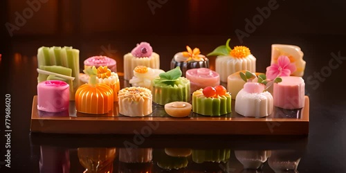 Wagashi assortment. Various shapes and colors of Japanese wagashi confectionary. Wagashi is a traditional form of Japanese sweets. 4K Video